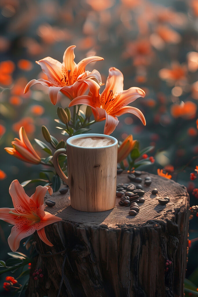 Cup of coffee on a stump with orange flowers