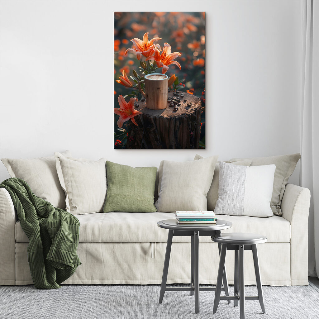 Cup of coffee on a stump with orange flowers