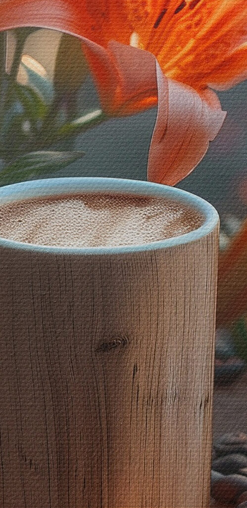 Cup of coffee on a stump with orange flowers