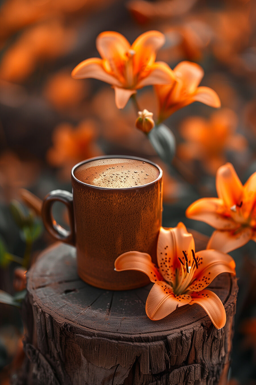 Ceașcă de cafea și flori portocalii