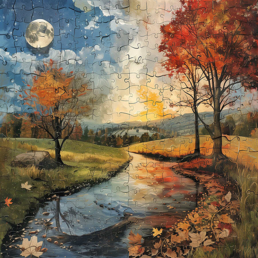 Puzzle de un râu cu copaci și o lună Puzzle de un râu cu copaci și o lună