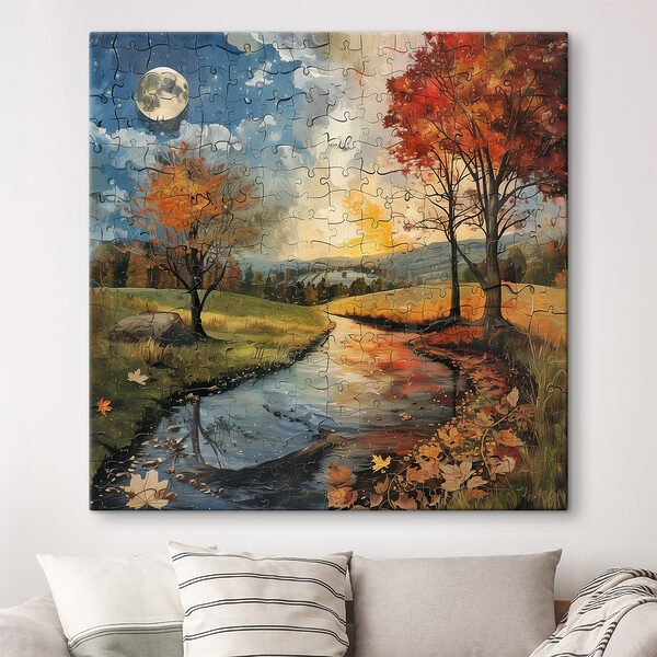 Puzzle de un râu cu copaci și o lună Puzzle de un râu cu copaci și o lună