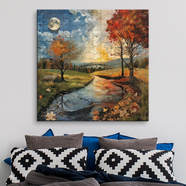 Puzzle de un râu cu copaci și o lună Puzzle de un râu cu copaci și o lună