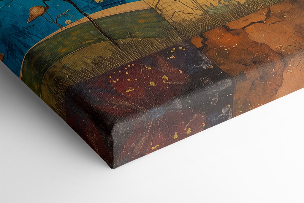 Painting of a tree with different colors of trees and birds