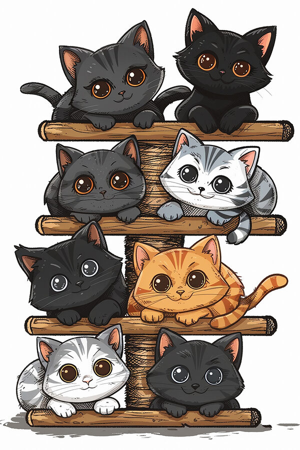 Group of cats on a wooden structure Group of cats on a wooden structure