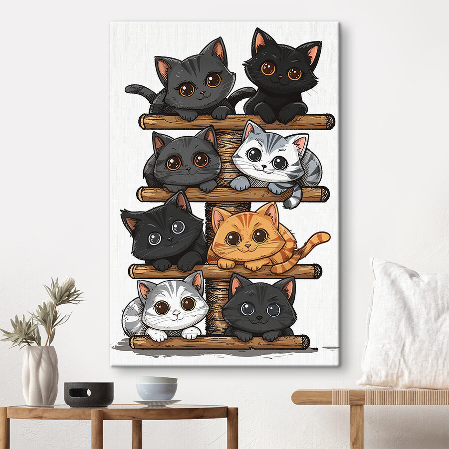 Group of cats on a wooden structure Group of cats on a wooden structure