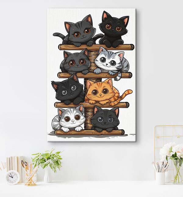 Group of cats on a wooden structure Group of cats on a wooden structure