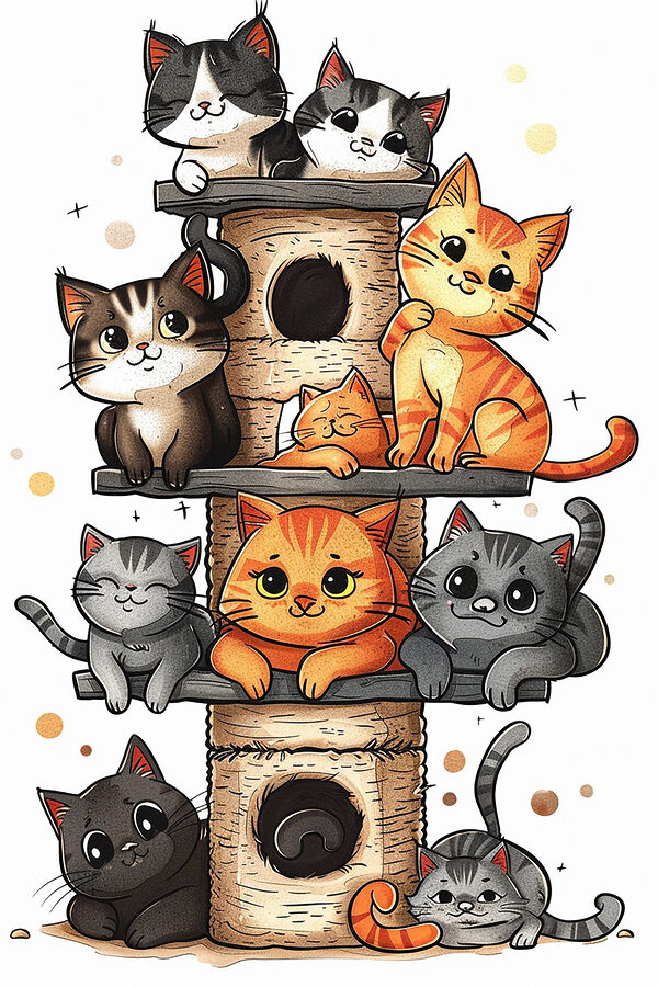 Group of cats on a tower