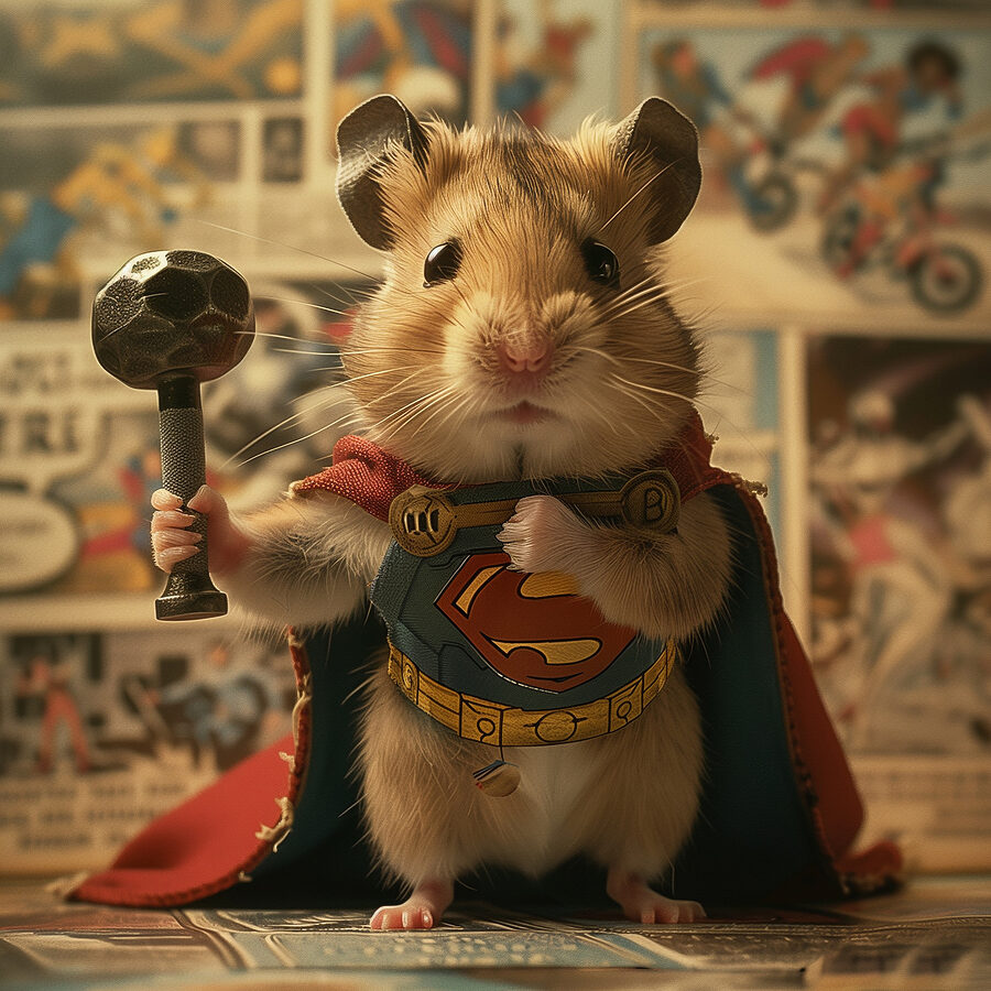 Hamster purtând o pelerină și ținând un ciocan Hamster purtând o pelerină și ținând un ciocan