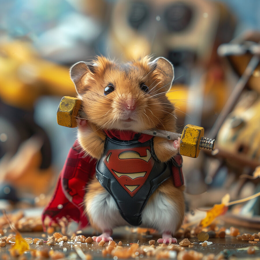 Hamster purtând un costum de supererou care ține o barbell