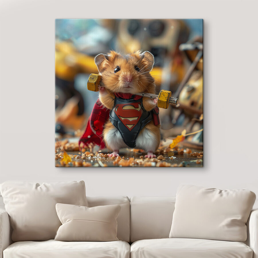 Hamster purtând un costum de supererou care ține o barbell