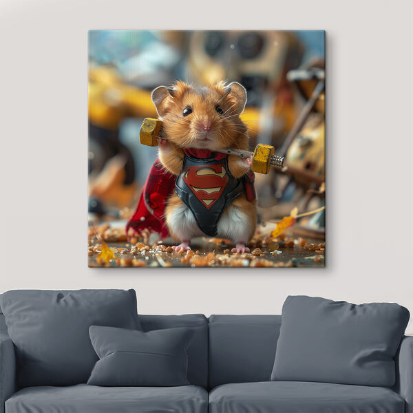 Hamster purtând un costum de supererou care ține o barbell Hamster purtând un costum de supererou care ține o barbell