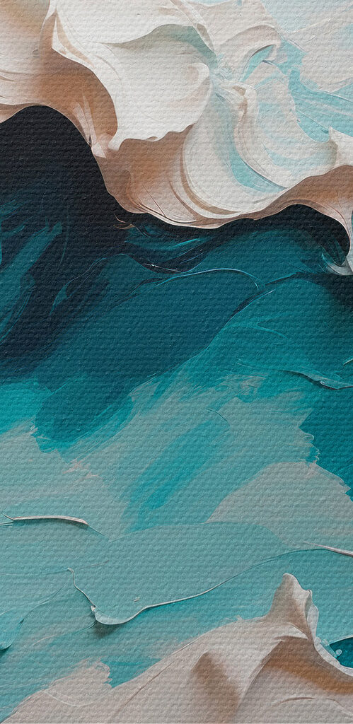 Painting of a mountain with white and blue waves