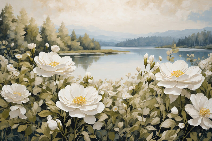 Pictură de flori lângă un lac