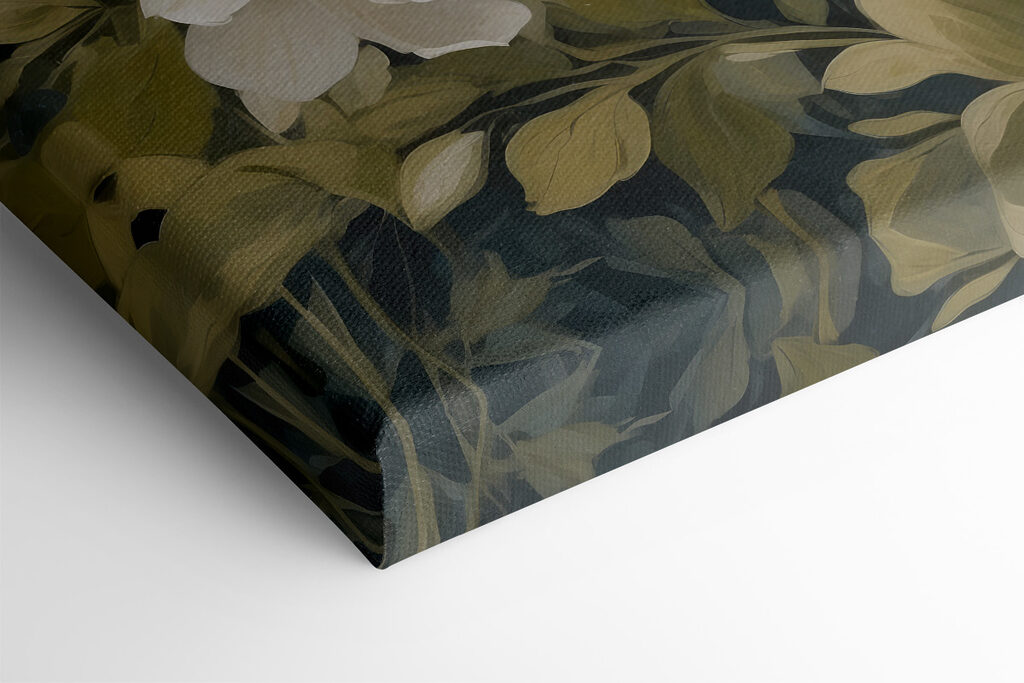 Painting of flowers by a lake