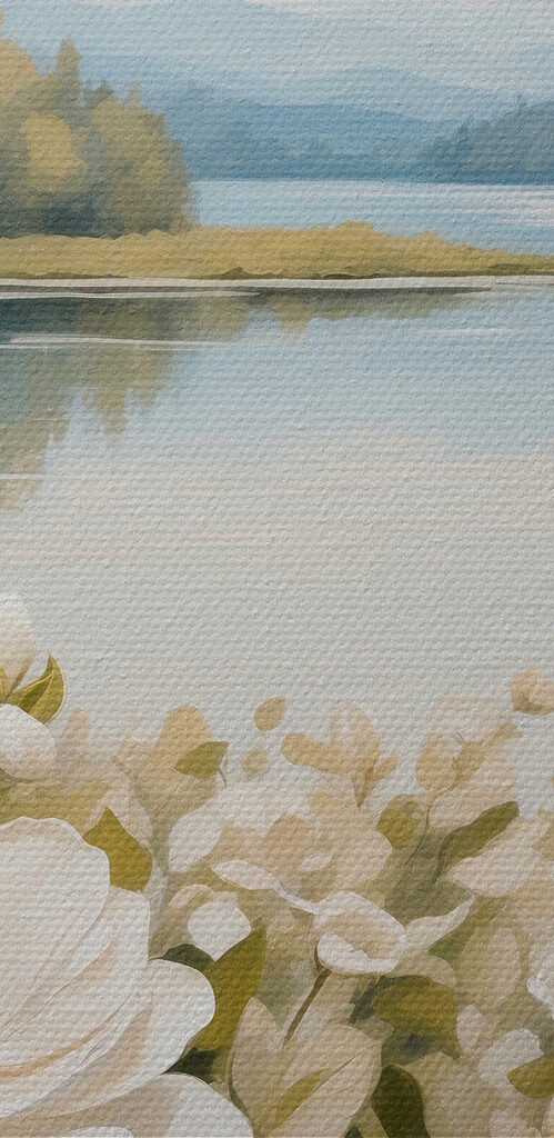 Painting of flowers by a lake