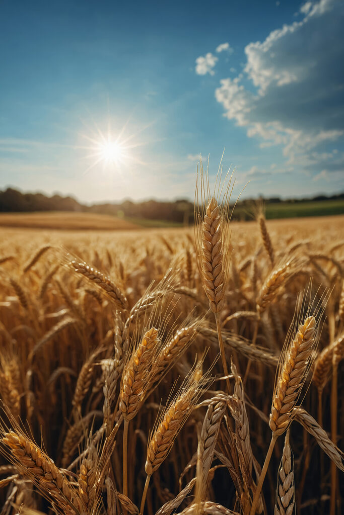 Field of wheat with the sun shining in the background