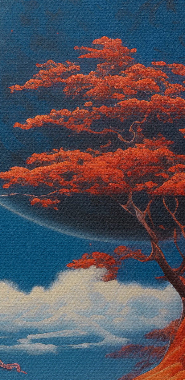 House on a hill with orange trees and a large moon House on a hill with orange trees and a large moon