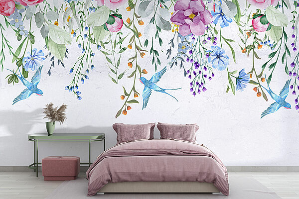 Bordei floral cu flori și păsări Bordei floral cu flori și păsări