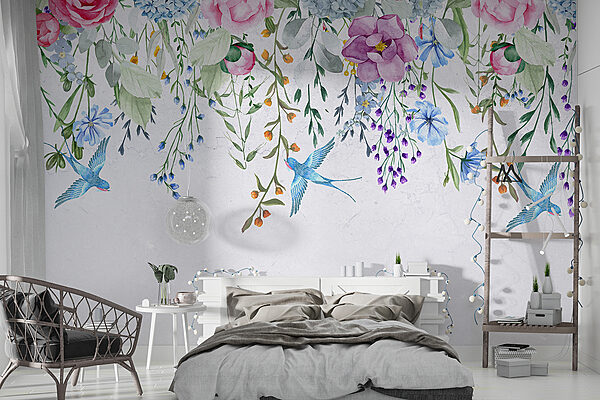 Bordei floral cu flori și păsări Bordei floral cu flori și păsări