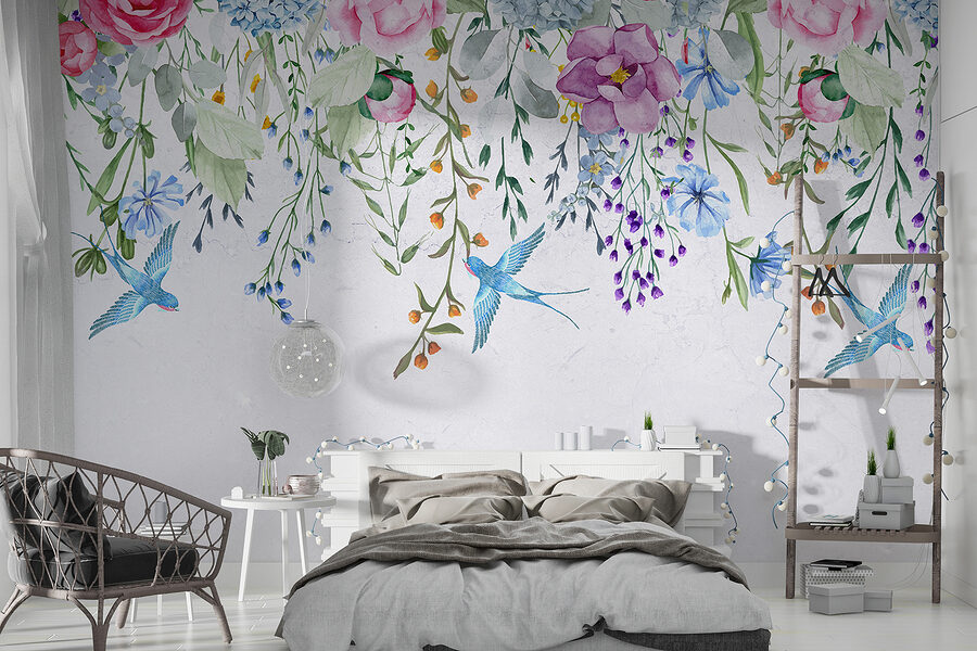 Bordei floral cu flori și păsări