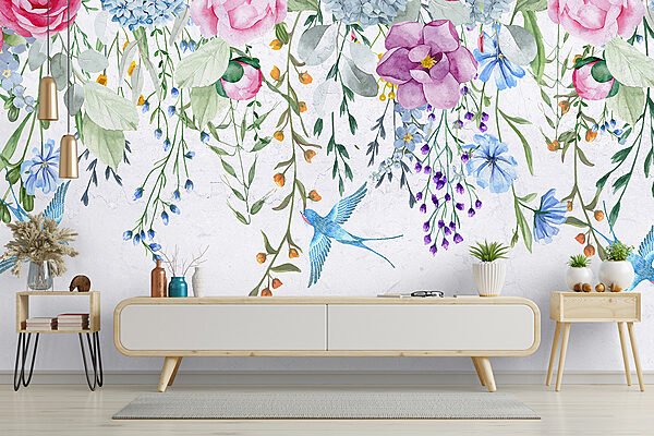 Bordei floral cu flori și păsări Bordei floral cu flori și păsări