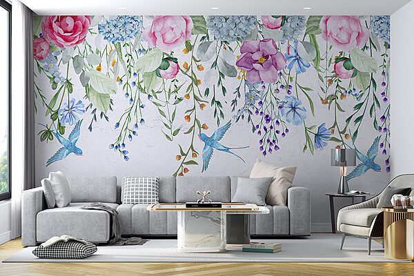Bordei floral cu flori și păsări Bordei floral cu flori și păsări