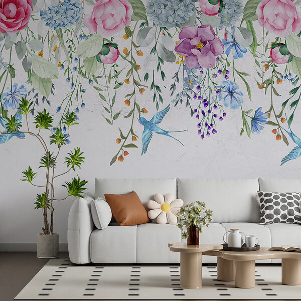 Bordei floral cu flori și păsări Bordei floral cu flori și păsări