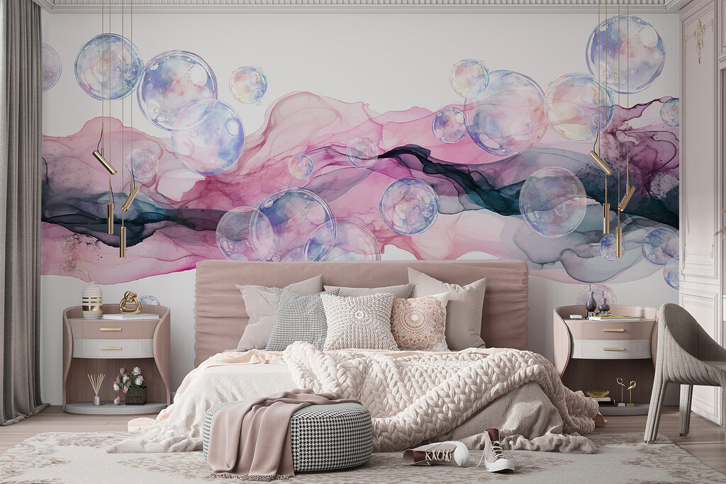 Group of bubbles in a pink and purple liquid