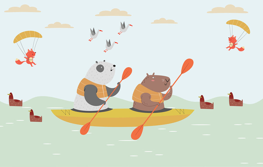 Urși de desene animate într-o canoe