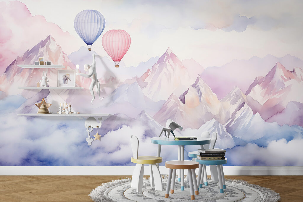 Group of hot air balloons in the sky over mountains