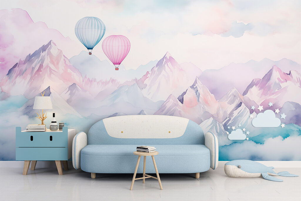 Group of hot air balloons in the sky over mountains