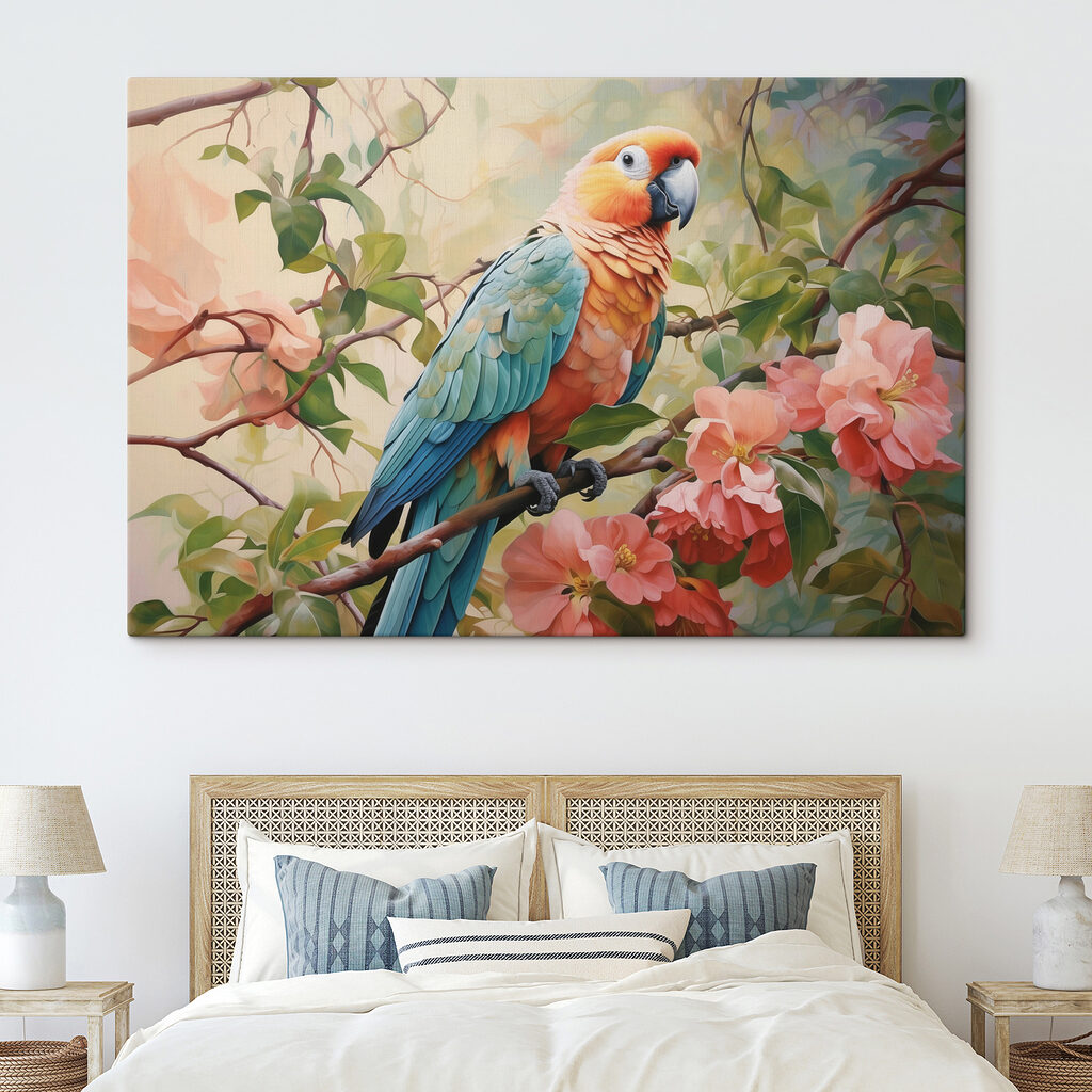 Colorful bird sitting on a branch with flowers Colorful bird sitting on a branch with flowers