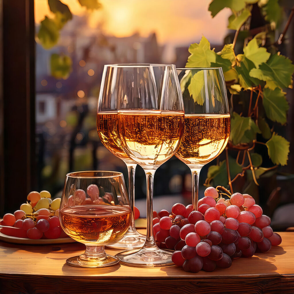 Group of wine glasses and grapes on a table