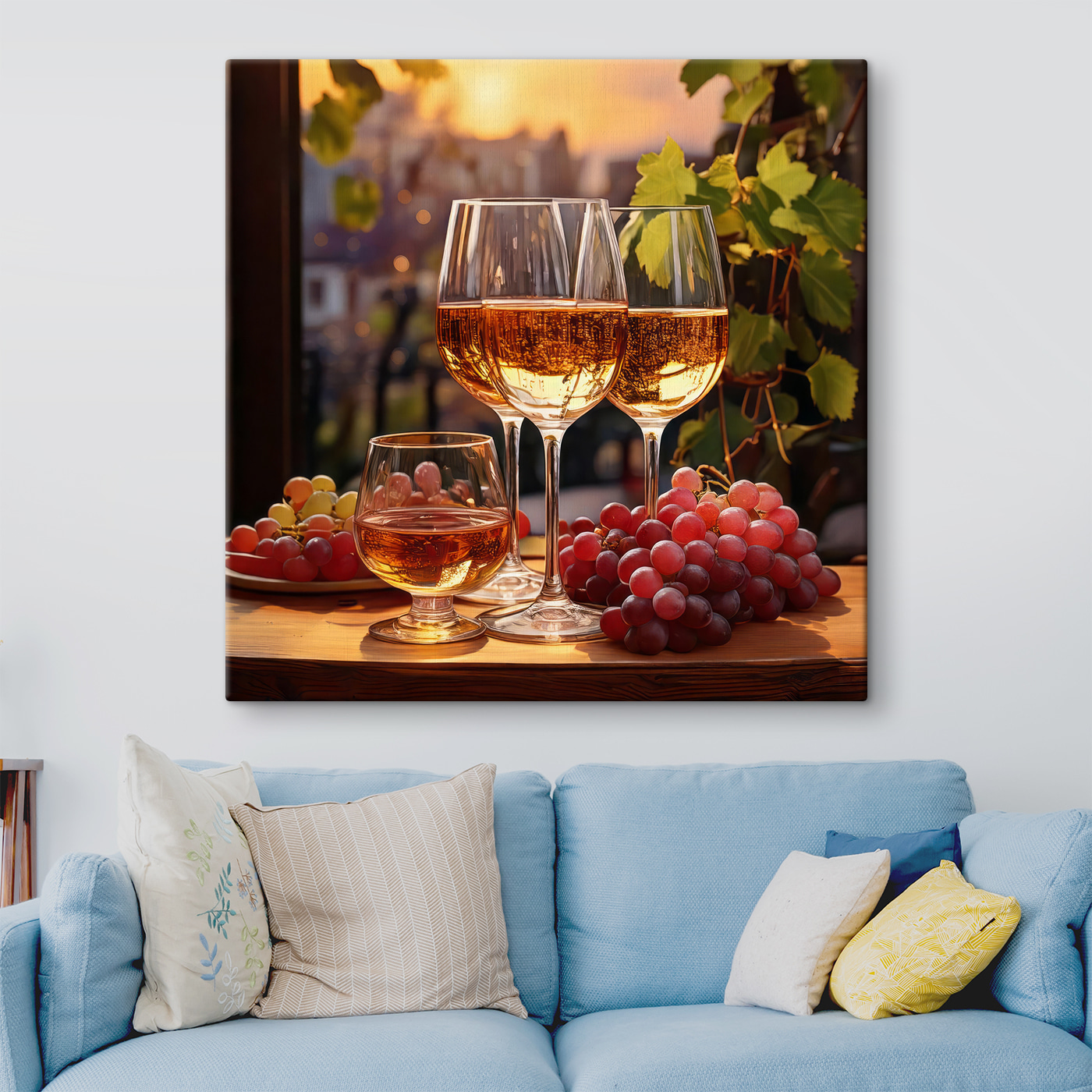 Group of wine glasses and grapes on a table