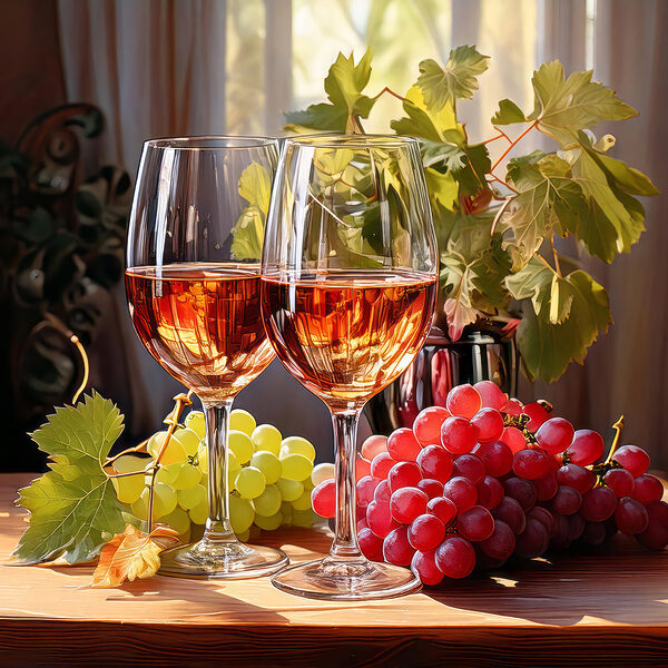 Two glasses of wine next to grapes