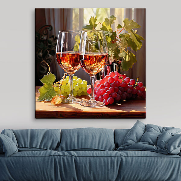 Două pahare de vin lângă struguri Tablouri Două pahare de vin lângă struguri