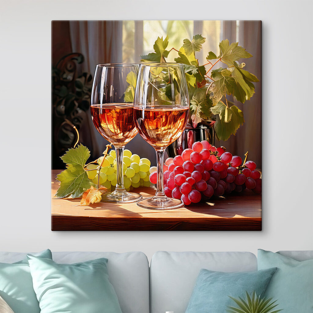 Two glasses of wine next to grapes