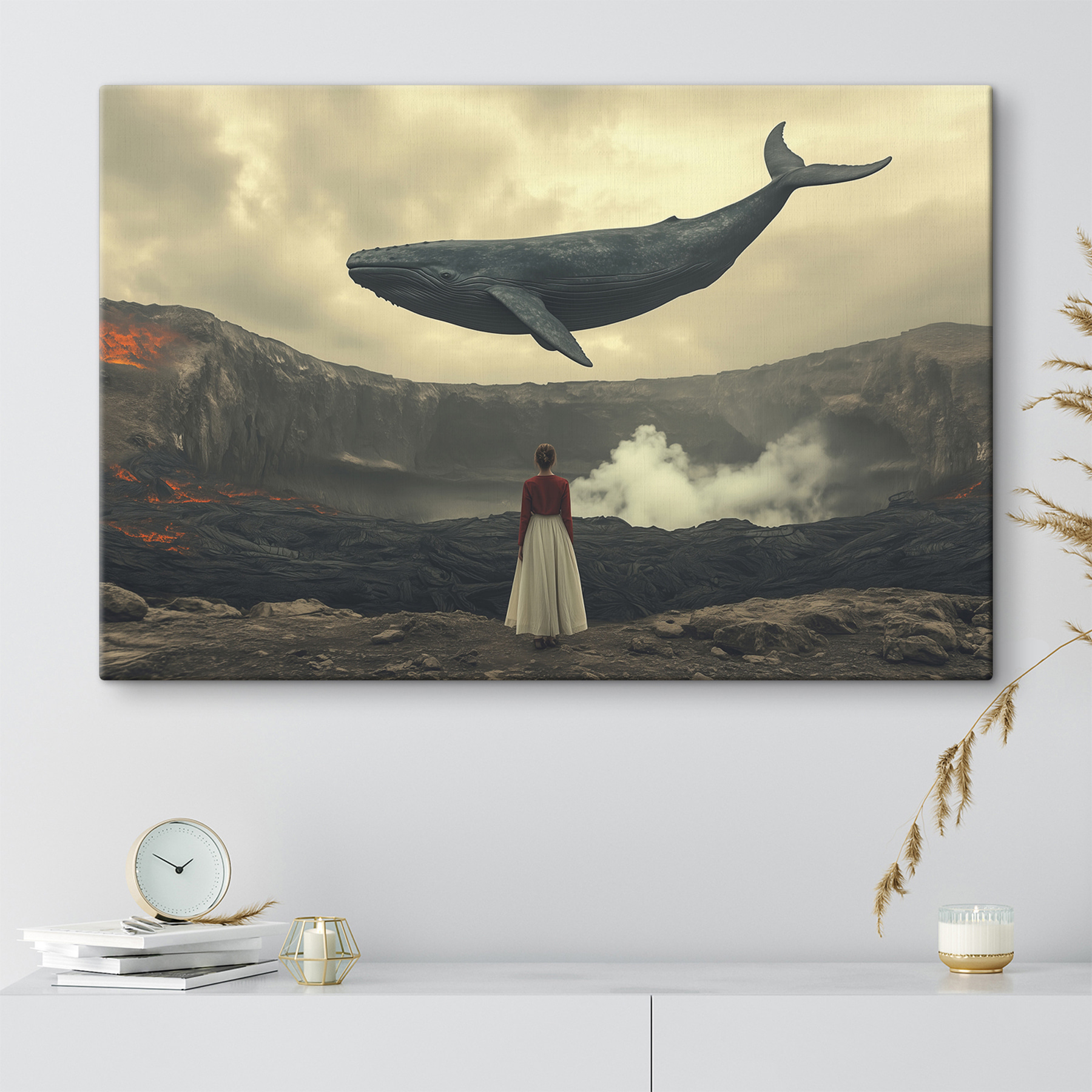 Woman looking at a whale flying over a volcano Woman looking at a whale flying over a volcano