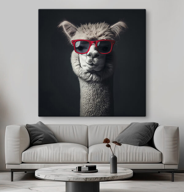 Llama poartă ochelari de soare roșii Llama poartă ochelari de soare roșii