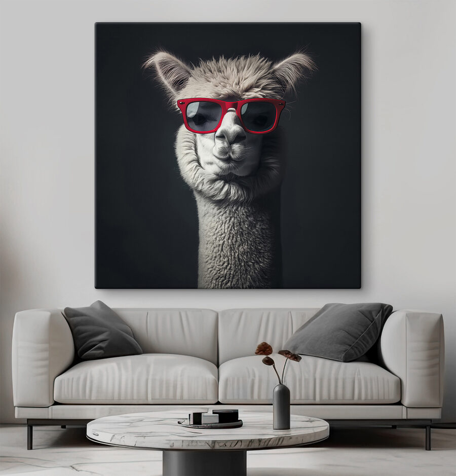 Llama poartă ochelari de soare roșii