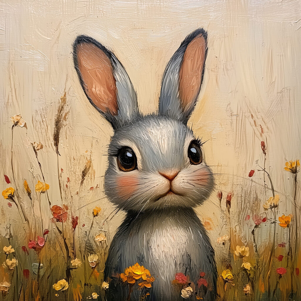 Painting of a rabbit in a field of flowers Painting of a rabbit in a field of flowers