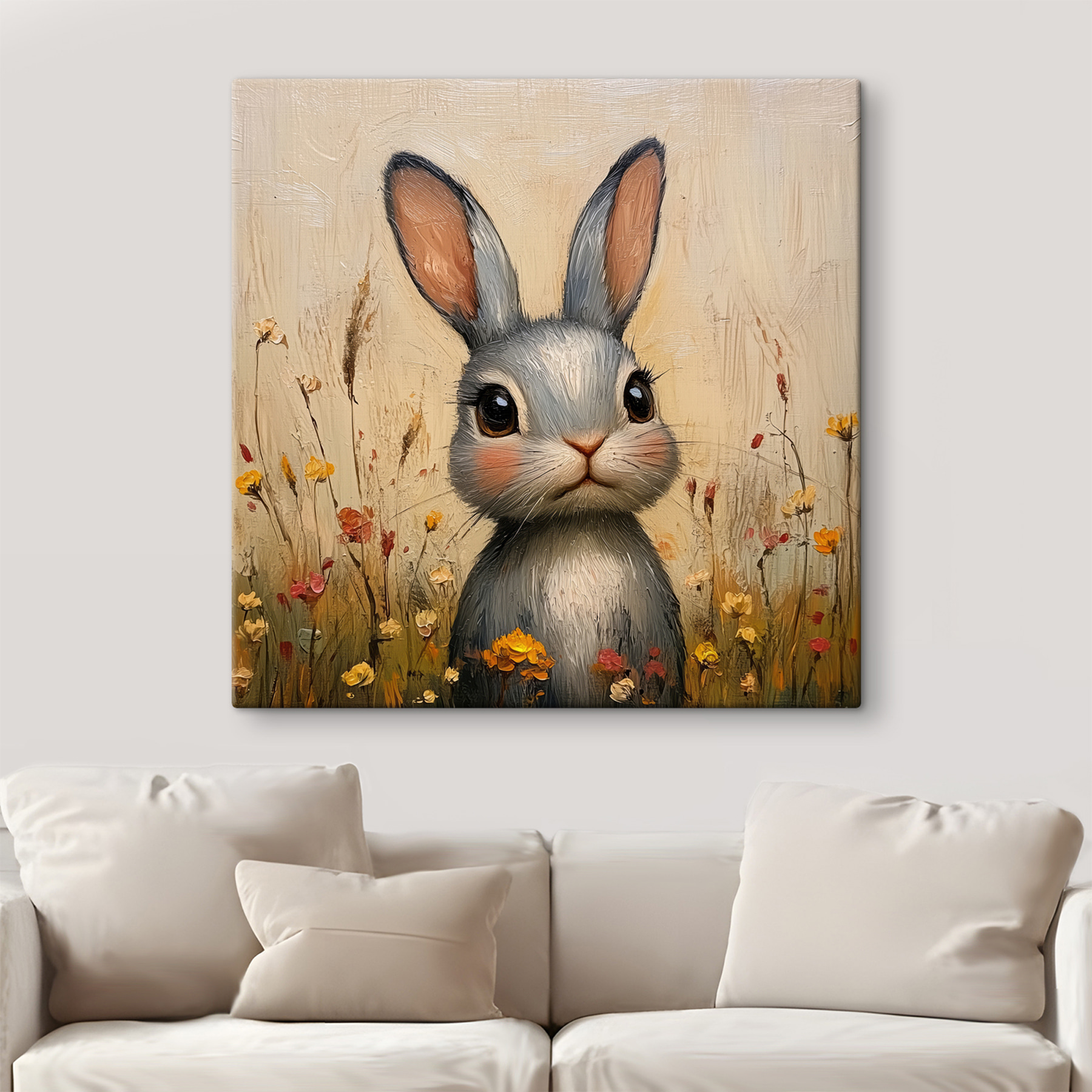 Painting of a rabbit in a field of flowers Painting of a rabbit in a field of flowers
