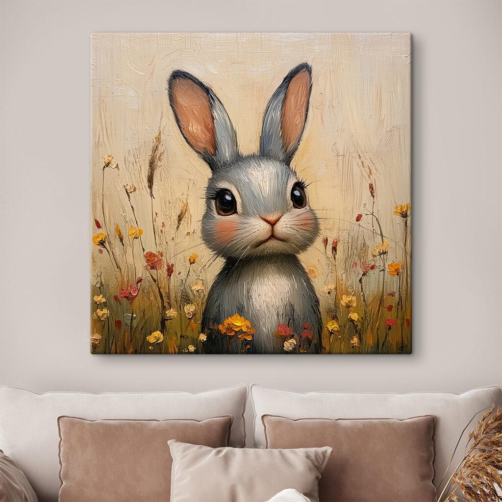 Painting of a rabbit in a field of flowers Painting of a rabbit in a field of flowers