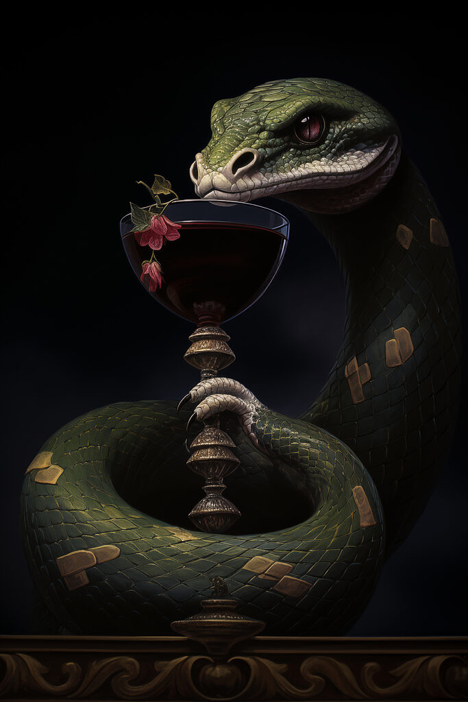 Snake holding a glass of wine