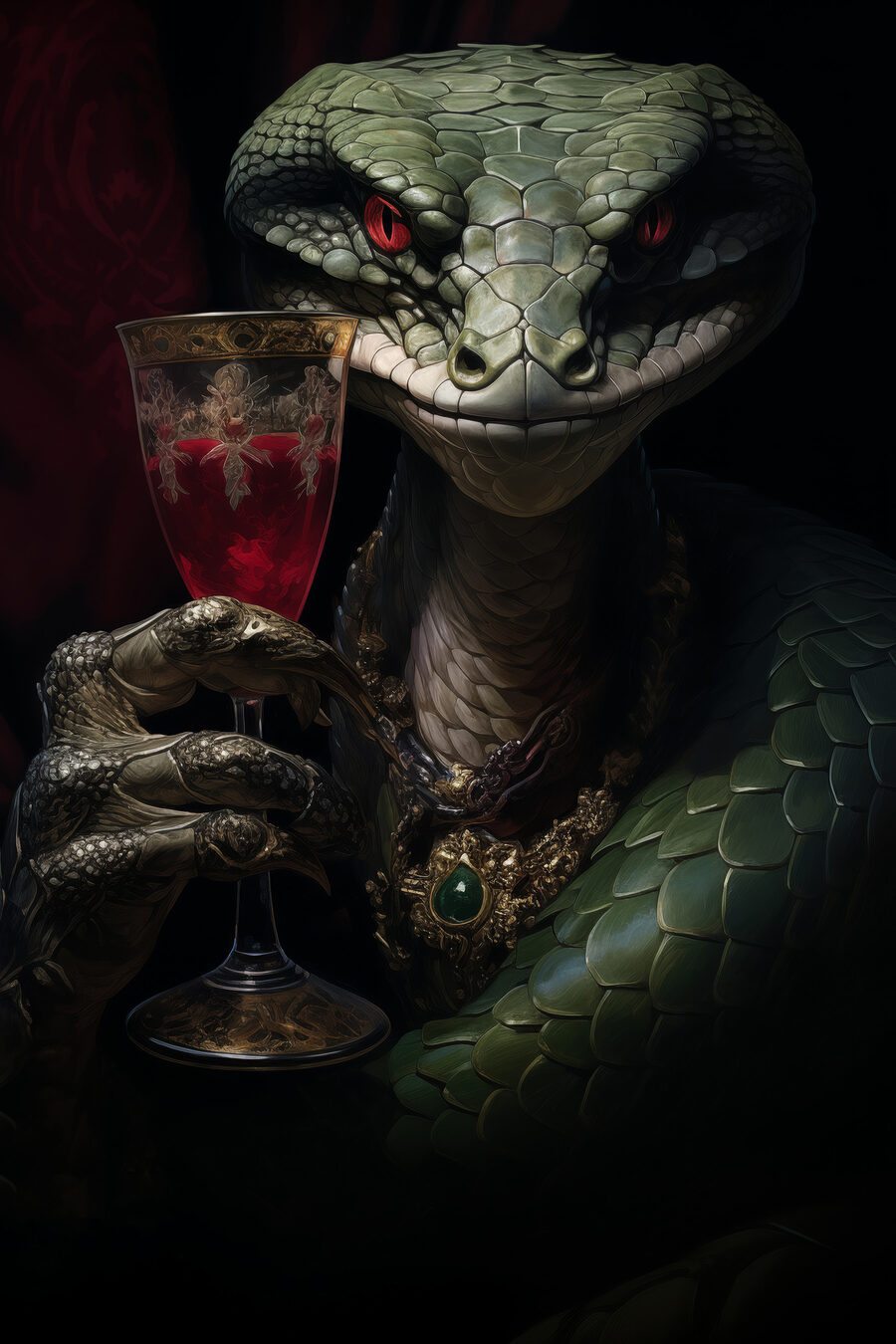 Șopârlă care ține un pahar de vin