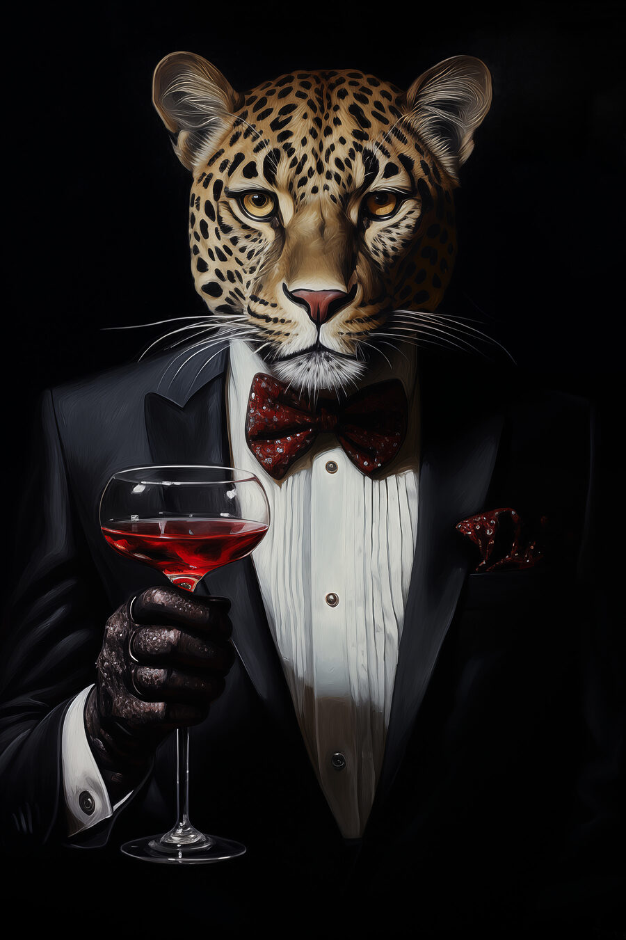 Leopard purtând un costum și papion ținând un pahar de vin