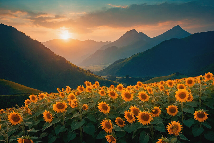 Câmp de floarea-soarelui în munți