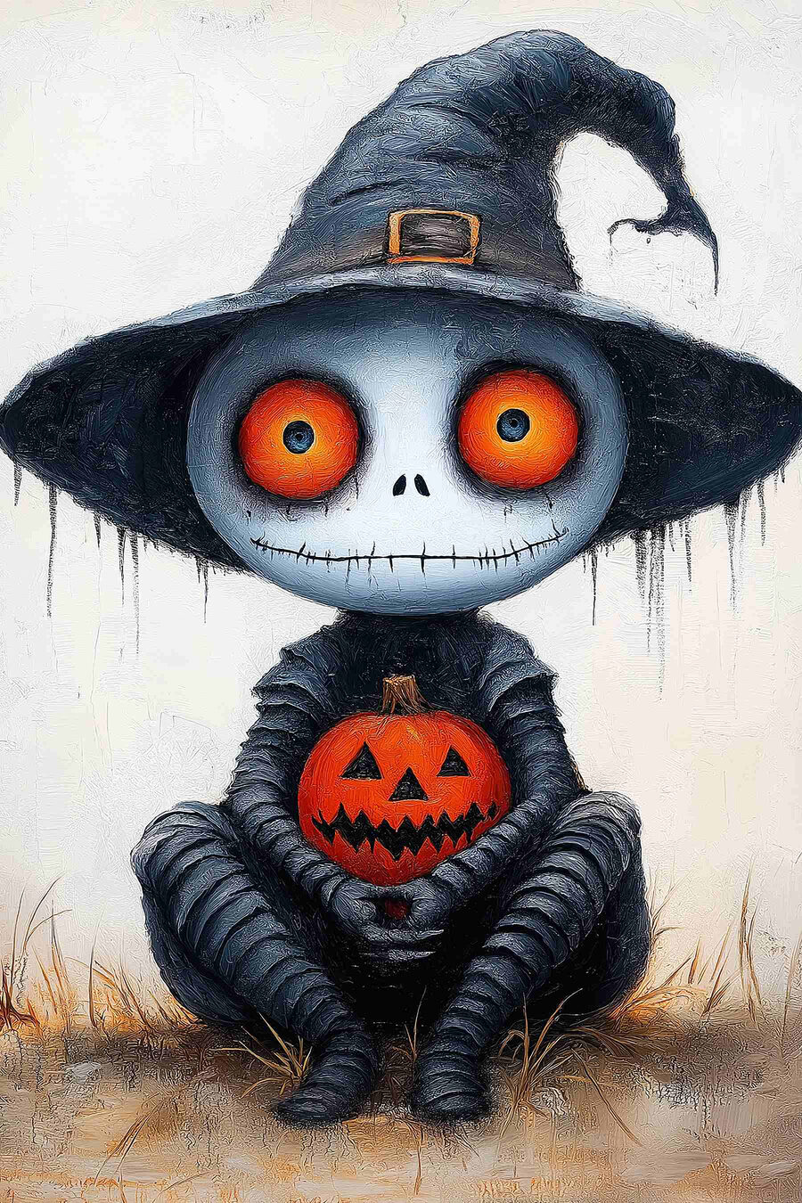 Personaj de desene animate într-un costum de persoană care deține un dovleac