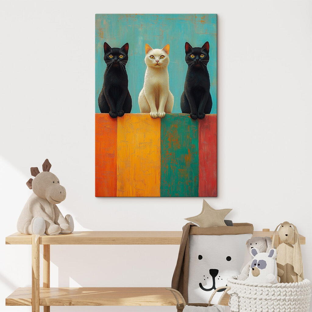 Three cats enjoying colorful scenery